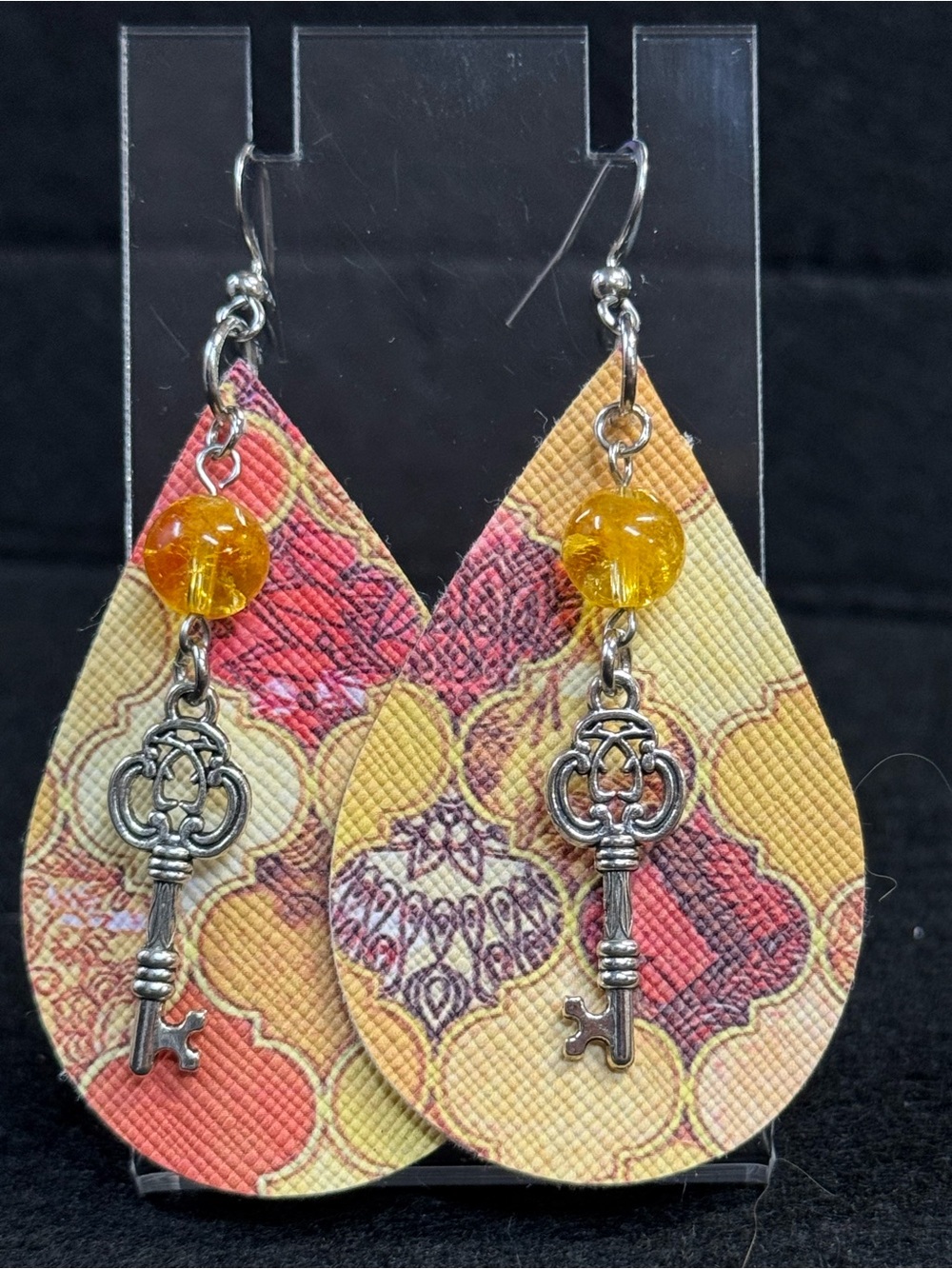 Bohemian Faux Leather Teardrop w/ Skeleton Key Charm Earrings